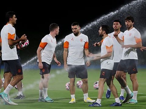 Manchester City's Mateo Kovacic, Ruben Dias, Sergio Gomez, Rodri, Matheus Nunes, Bernardo Silva and teammates during a training session in Jeddah on Thursday.