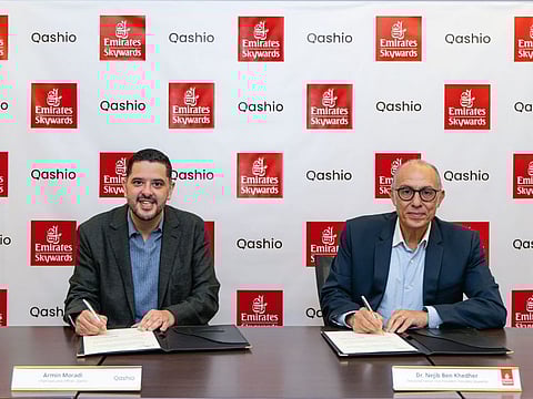 Qashio signs partnership with Emirates Skywards. Armin Moradi - Co-founder and CEO, Qashio (left) and Dr. Nejib Ben Khedher - Divisional Senior Vice President, Emirates Skywards (right)