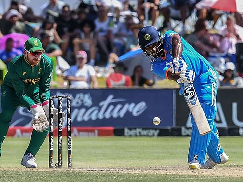 India’s Sanju Samson plays a shot during the third One-Day International cricket match against South Africa at Boland Park in Paarl on December 21, 2023. Samson’s maiden international century helped India win the game and the series.