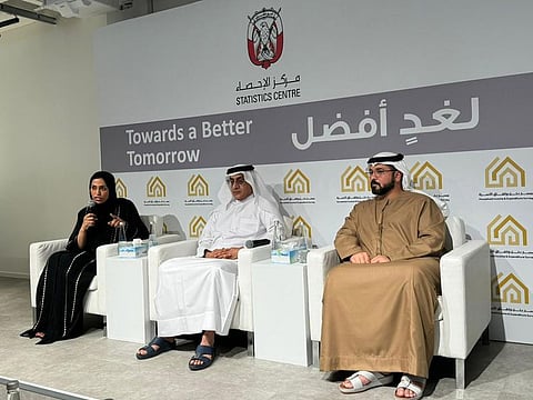 (from left) Statistic Centre – Abu Dhabi officials Hanan Al Marzouqi, Abu Bakr Al Amoudi, and Eid Muhammad Al Qubaisi during the press conference at the Centre’s headquarters on Monday