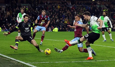 Liverpool's Diogo Jota scores their second goal against Burnley during a Premier League match at Turf Moor, Burnley on Tuesday.