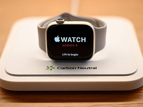 An Apple Watch Series 9 carbon neutral device is displayed for sale at The Grove Apple retail store on release day in Los Angeles, California