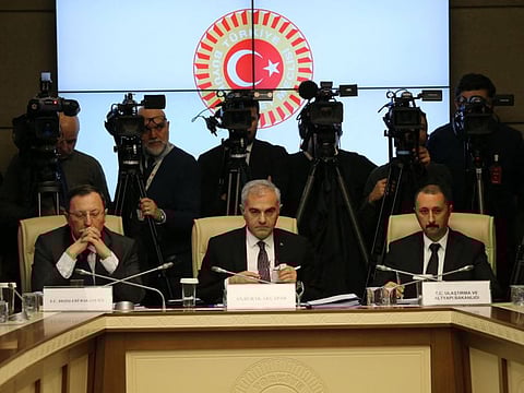 Deputy Minister of Foreign Affairs of Turkey Burak Akçapar (centre) attends a session of the Grand National Assembly of Turkey (TBMM)'s Foreign Affairs Committee at in Ankara on December 26, 2023.