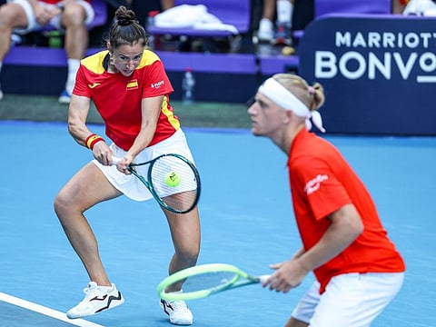 Spain's Sara Sorribes Tormo (left) and Alejandro Davidovich Fokina in action against Brazil's Beatriz Haddad Maia and Marcelo Melo during their mixed doubles match.