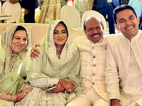 MA Yusuffali (third from left) and his wife Shabira Yusuffali (first from left) with their daughter Dr Shabeena Yusuffali and son-in-law Dr Shamsheer Vayalil during a family function.