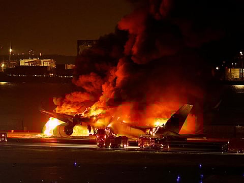 Japan Airlines' A350 airplane is on fire at Haneda international airport in Tokyo, on January 2, 2024.