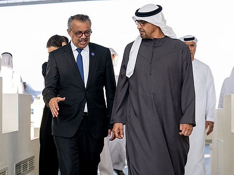 His Highness Sheikh Mohamed bin Zayed Al Nahyan, President of the United Arab Emirates (R) bids farewell to Dr Tedros Adhanom Ghebreyesus, Director General of the World Health Organization (WHO) (L), after a meeting in Abu Dhabi. ( Abdulla Al Neyadi / UAE Presidential Court )---