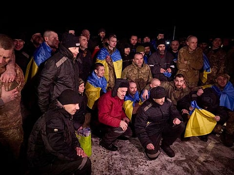 Ukrainian prisoners of war (POWs) at an unknown location in Ukraine.