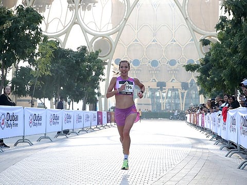 Gerda Steyn on her way to winning the Dubai Marathon 10km run at the EXPO City Dubai in 2023.