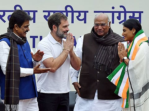 YSR Telangana Party chief YS Sharmila joins Congress and merges her party in the presence of Congress president Mallikarjun Kharge and party leaders Rahul Gandhi, KC Venugopal, in New Delhi