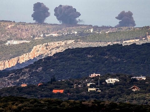 Smoke billows across the horizon along the hills in the Naqura area of southern Lebanon following Israeli bombardment from a position along the border in northern Israel.