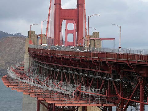 A suicide deterrent net is seen below the roadway on the Golden Gate Bridge in San Francisco, Wednesday, Dec. 6, 2023.