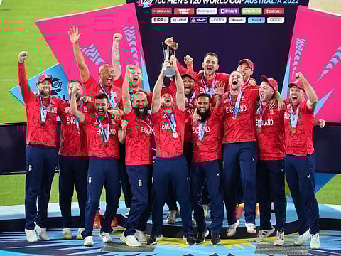 England players celebrate after winning the T20 World Cup final against Pakistan in Melbourne in 2022.