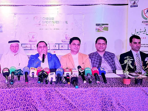 (From R) Raja Mohammed Khan, Raja Asad, Sajid Iqbal Abbasi, Raja Abdul Jabbar and Sardar Ayaz during the press conference to announce the Chinar Sports Festival in Dubai