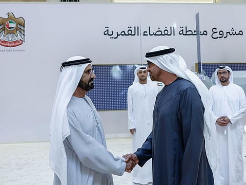 Sheikh Mohamed Bin Zayed Al Nahyan and Sheikh Mohammed Bin Rashid Al Maktoum during the launching of the UAE’s contributions to the historic Lunar Gateway.