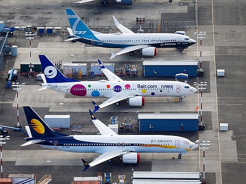 An aerial photo shows Jet Airways and 9 Air Boeing 737 MAX airplanes, as well as a 737 MAX 7, grounded at Boeing Field in Seattle, Washington.