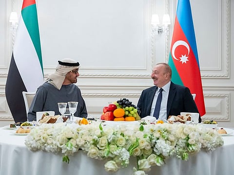 President His Highness Sheikh Mohamed bin Zayed Al Nahyan speaks with Ilham Aliyev, President of Azerbaijan, during a dinner reception at Manzara restaurant during an official visit.