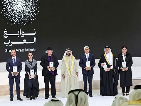Sheikh Mohammed bin Rashid Al Maktoum with Great Arab Minds award winners at the awarding ceremony in Dubai on Monday