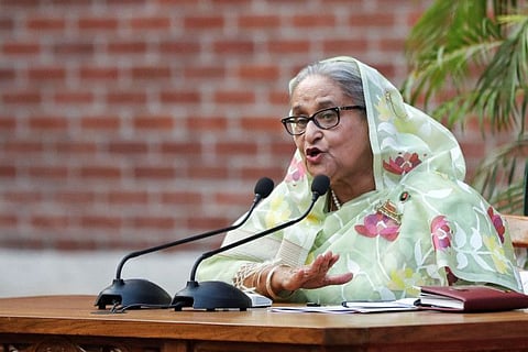 Sheikh Hasina, the newly elected Prime Minister of Bangladesh and Chairperson of Bangladesh Awami League, speaks during a meeting with foreign observers and journalists at the Prime Minister's residence in Dhaka, Bangladesh, January 8, 2024.