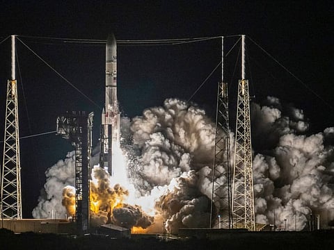 The brand new rocket, United Launch Alliance's (ULA) Vulcan Centaur, lifts off from Space Launch Complex 41d at Cape Canaveral Space Force Station in Cape Canaveral, Florida, on January 8, 2024, for its maiden voyage, carrying Astrobotic's Peregrine Lunar Lander.