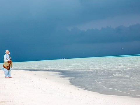 Prime Minister Narendra Modi takes a stroll at Bangaram Atoll, in Lakshadweep on January 4, 2024. Many Indians, including some celebrities, shared social media posts promoting domestic destinations over the Maldives.