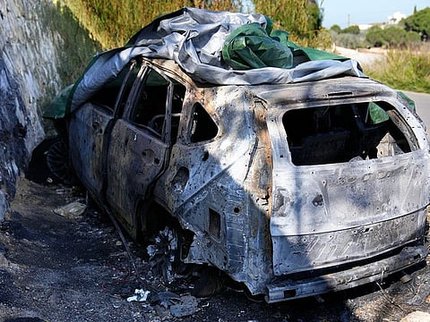 The attacked car that was used by the senior Hezbollah commander Wissam Tawil, who was killed on Monday, in Kherbet Selem village, south Lebanon, on January 9, 2024.