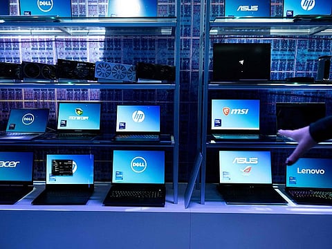 Laptop computers using Intel chips are shown at an Intel exhibit before this week's Consumer Electronics Show (CES), January 8, 2024, in Las Vegas, Nevada. x