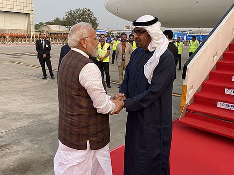 Indian PM Narendra Modi welcomed UAE President His Highness Sheikh Mohamed bin Zayed Al Nahyan, at Ahmedabad airport. His distinguished presence at the Vibrant Gujarat Summit makes the Summit even more special
