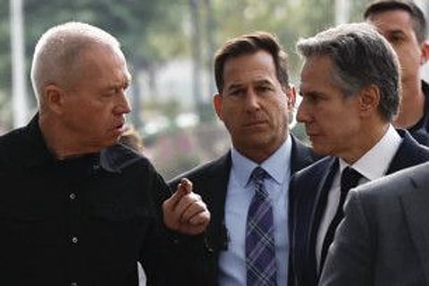 US Secretary of State Antony Blinken (right) talks with Israel's Defence Minister Yoav Gallant (left) as part of their meeting in Tel Aviv on January 9, 2024, during his week-long trip aimed at calming tensions across the Middle East, amid continuing battles between Israel and the Palestinian militant group Hamas in Gaza.