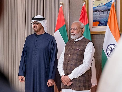 UAE President Sheikh Mohamed bin Zayed Al Nahyan and Prime Minister of India Narendra Modi witness a Memorandum of Understanding (MoU) exchange ceremony at the Leela Gandhinagar Hotel in Ahmedabad.