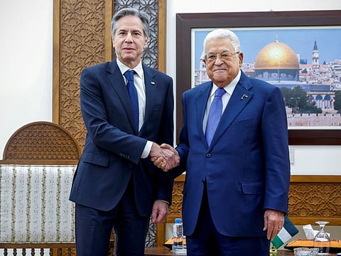 US Secretary of State Antony Blinken (left), on his fourth trip to the region since the war began, went to Ramallah on Wednesday and met Palestinian leaders, including Palestinian Authority (PA) President Mahmoud Abbas, in the Israeli-occupied West Bank