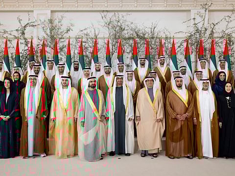 HH Sheikh Mohamed bin Zayed Al Nahyan, President of the UAE and HH Sheikh Mohamed bin Rashid Al Maktoum, UAE Vice President, Prime Minister and Ruler of Dubai, with the new UAE Cabinet Ministers.