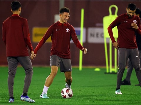 Qatar's Mostafa Meshaal trains ahead of the Asian Cup opener against Lebanon at Lusail Stadium on Thursday.