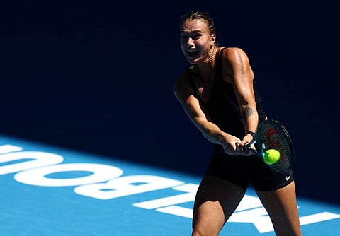 Aryna Sabalenka practises ahead of the Australian Open at Melbourne Park on Thursday.