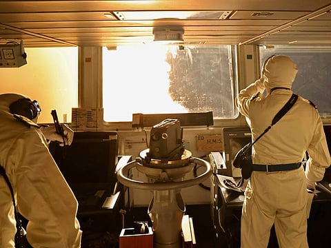 In this photo provided by the United Kingdom Ministry of Defence on January 10, 2024, taken from the bridge of HMS Diamond, Sea Viper missiles are fired in the Red Sea. Al Houthis have fired their largest-ever barrage of drones and missiles targeting shipping in the Red Sea, forcing the United States and British navies to shoot down the projectiles in a major naval engagement.