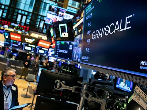 Grayscale Bitcoin Trust ETF (GBTC) signage on the floor of the New York Stock Exchange (NYSE) in New York.