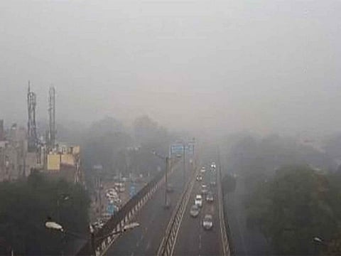 An aerial view of a foggy winter morning in New Delhi on Saturday.