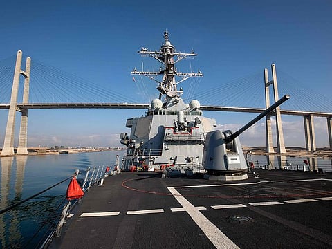 The Arleigh Burke-class guided-missile destroyer USS Laboon transits the Suez Canal on December 18, 2023. The US military said its forces shot down a cruise missile fired at the American destroyer warship from Al Houthi controlled areas of Yemen.