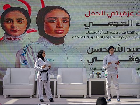 UAE karateka Hawra Al Ajami and fencer Fajr Al Marzouqi playing host to the Arab Women Sports Tournament announcement in Sharjah on Tuesday.