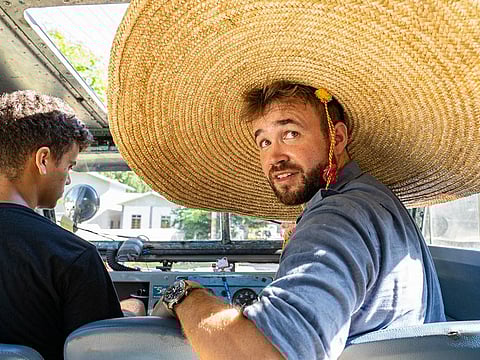 Alex, right, and Nat George in Oxford, the vehicle that took them on a historic trip covering 19,000km