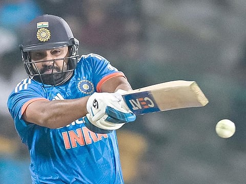 India's captain Rohit Sharma plays a shot during the third and final Twenty20 international against Afghanistan at the M. Chinnaswamy Stadium in Bengaluru on January 17, 2024.