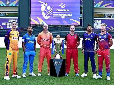 From left: Tom Kohler-Cadmore, Nicholas Pooran, Chris Lynn, Colin Munro, Sunil Narine and Sam Billings with the DP World ILT20 trophy during a press conference in Dubai on Thursday.