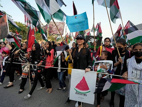 Pakistani civil society and political parties demonstrate against Israeli airstrikes on Gaza, and to show solidarity with the Palestinian people, in Karachi.