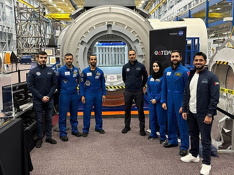 MBRSC team in front of mockup of HALO, the first constructed part of the Gateway, at NASA’s Johnson Space Center in Houston, USA