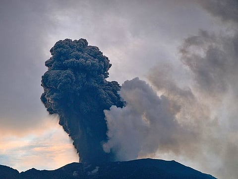 Mount Marapi volcano spews volcanic ash during an eruption as seen from Nagari Bukik Batabuah in Agam, West Sumatra province, Indonesia, January 14, 2024, in this photo taken by Antara Foto.