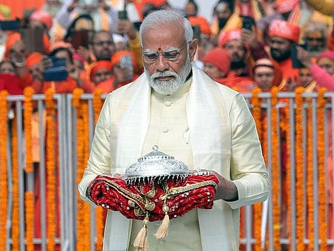 Indian Prime Minister Narendra Modi arrives to participate in the 'Pran Pratishtha' ceremony of the Ram Janmabhoomi Temple, in Ayodhya on Monday.