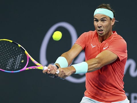 Rafael Nadal of Spain plays a shot in his quarter-final match against Jordan Thompson of Australia during the Brisbane International tournament.
