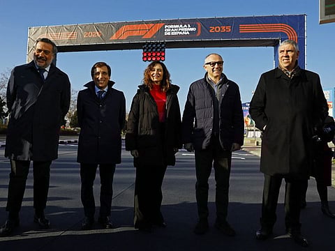 Formula One group CEO Stefano Domenciali, Community of Madrid president Isabel Diaz Ayuso, Mayor of Madrid Jose Luis-Martinez-Almeida, IFEMA Madrid president Jose Vicente de los Mozos, and Madrid Chamber of Commerce president Angel Asensio pose for a photograph during the event in Madrid, Spain.