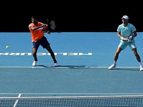 Rohan Bopanna (left) of India in action during his third round men's doubles match with Matthew Ebden of Australia against Wesley Koolhof of Netherlands and Nikola Mektic of Croatia in Australian Open at Melbourne Park.