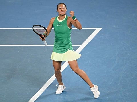 China's Zheng Qinwen celebrates after her win against Russia's Anna Kalinskaya during their women's singles quarter-final match at Australian Open in Melbourne on Wednesday.